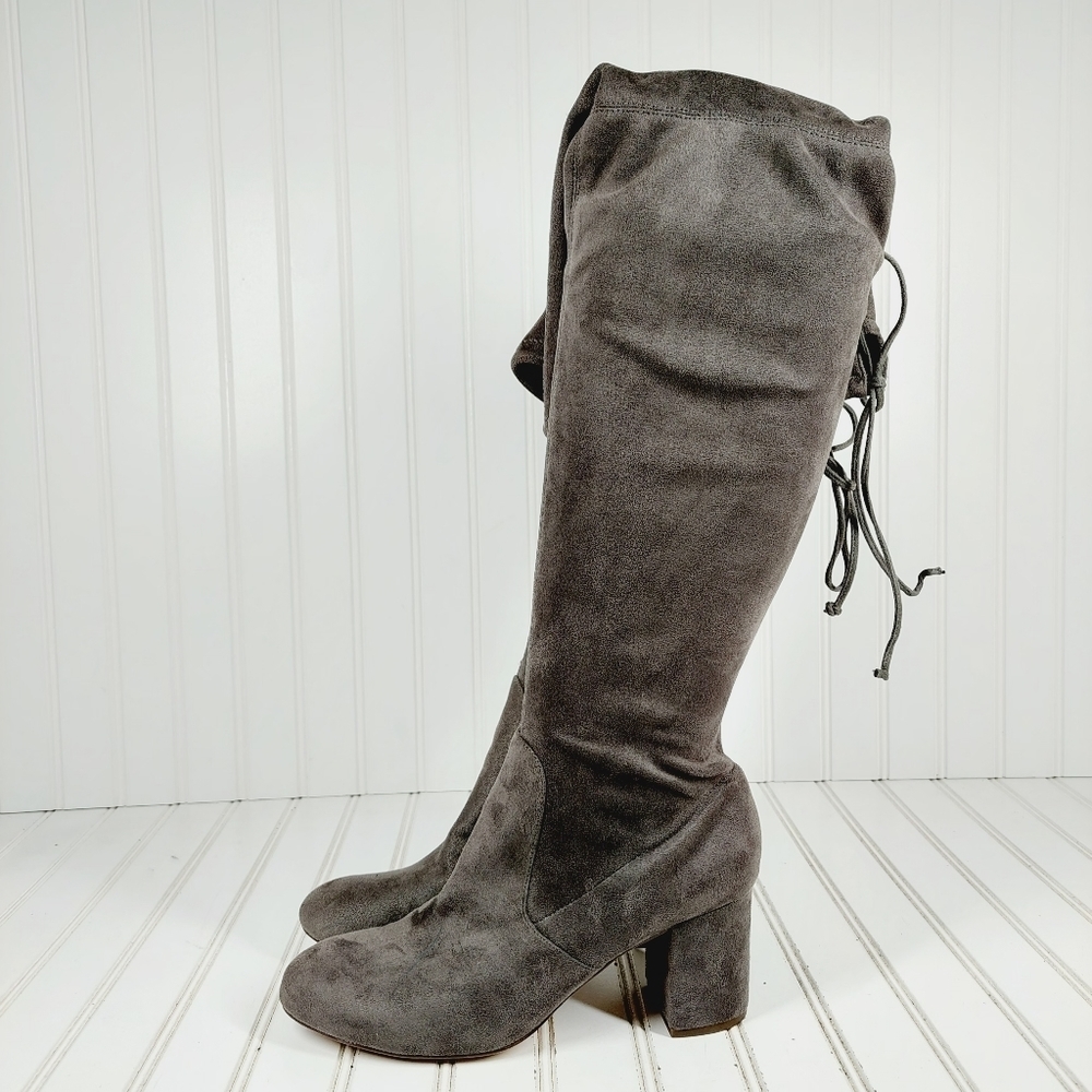 Charles Olita Gray Faux Suede Block Heel Tall Over The Knee Boots F96